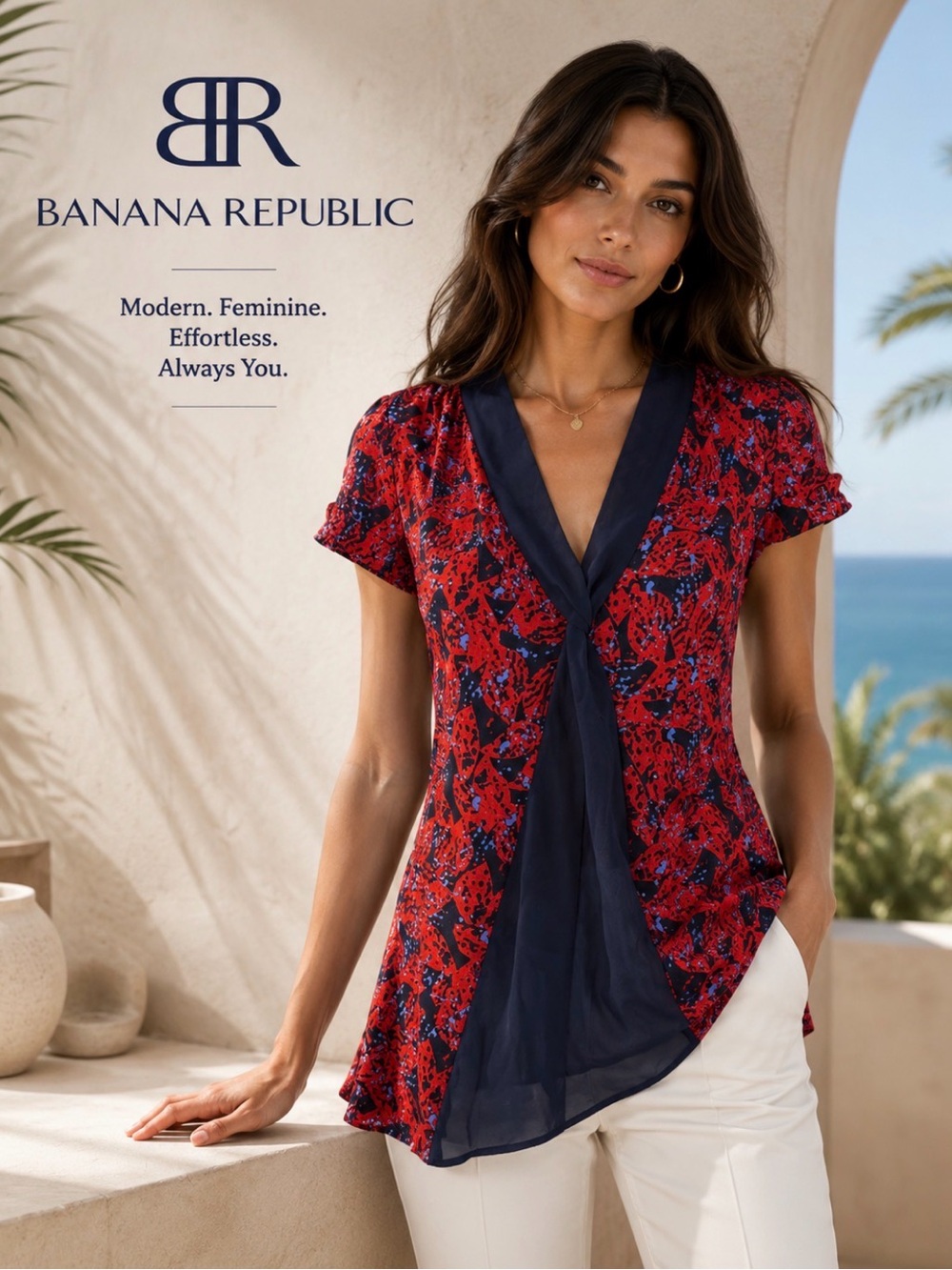 BANANA REPUBLIC Women's Red and Blue Medium Top